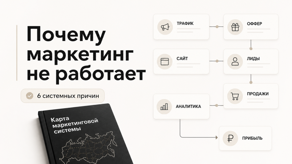 Схема маркетинговой системы: трафик, оффер, сайт, лиды, продажи, аналитика и прибыль
